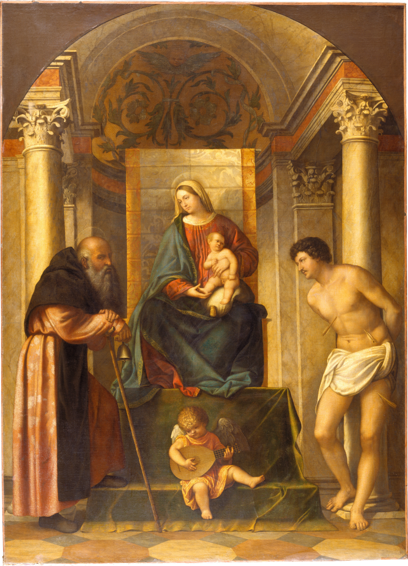 Panna Marie s dítětem na trůnu s svatým Antonínem z Padovy a svatým Sebastianem - Alessandro Bonvicino
