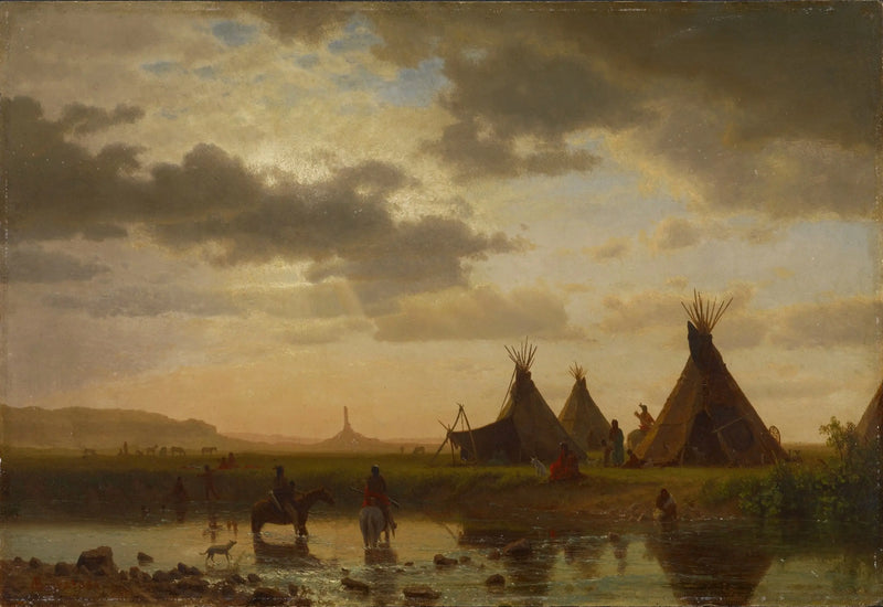 Pohled na Chimney Rock, vesnice Sioux Ohalilah v popředí - Albert Bierstadt