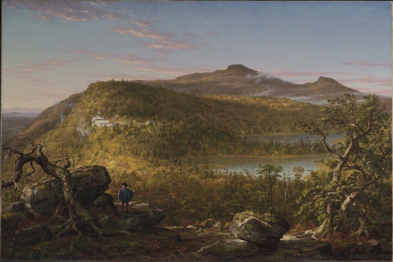Pohled na dva jezera a Mountain House, hory Catskill, ráno - Thomas Cole